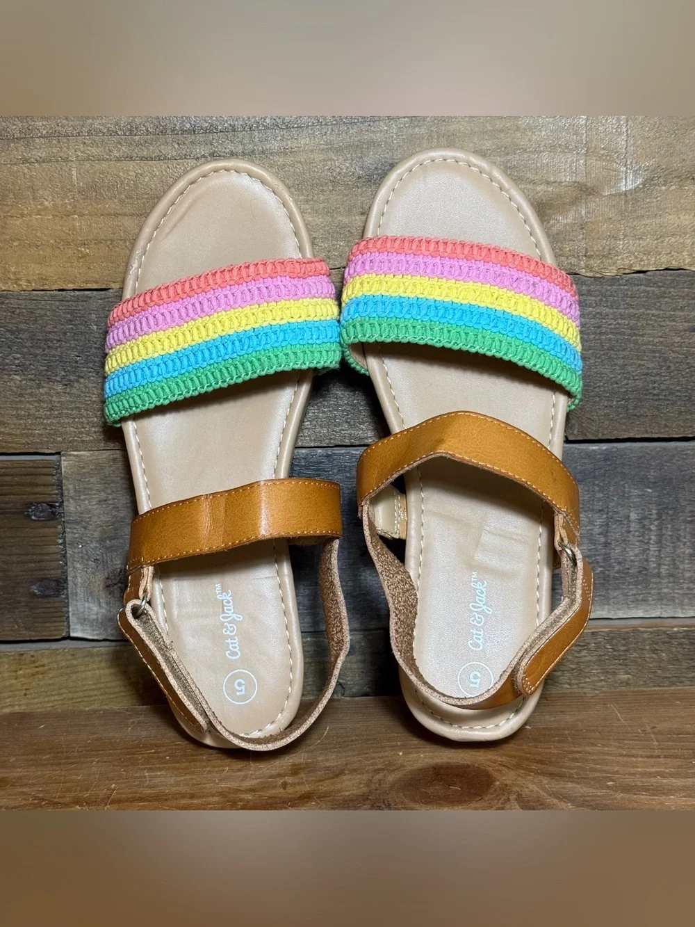 Cat & Jack Wedge Sandals Shoes Girls Sz 5 Ariana Rainbow Velcro Closure